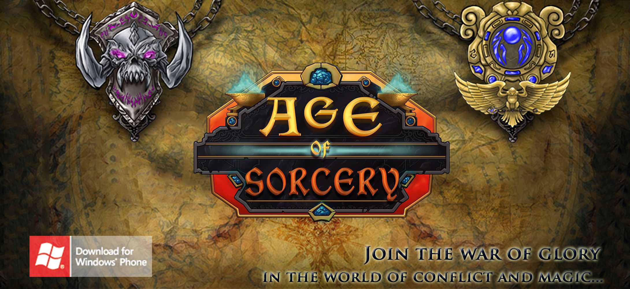 Age of Sorcery key art — ornate emblems flanking the game logo over an ancient map